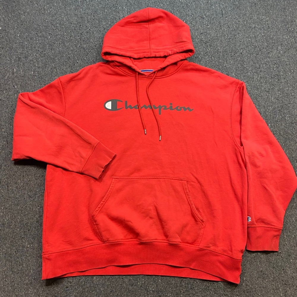 Champion Hoodie Sz 2XL Mens Red Streetwear Script Logo Pullover Shirt Sweatshirt - Picture 1 of 8